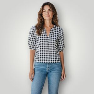 Saks Fifth Avenue Gingham Linen Blend‎ Top Women’s Medium Navy White Puff Sleeve